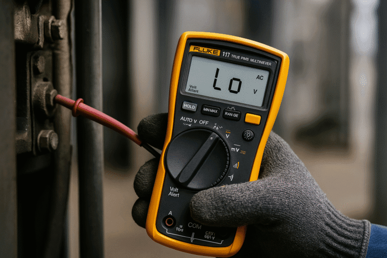 Technician using the Fluke 117 True RMS multimeter during electrical diagnostics, highlighting its compact design and reliability for HVAC and field work.