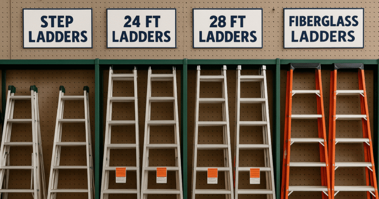 Retail display of extension and step ladders organized by ladder size for 2-story house and other applications