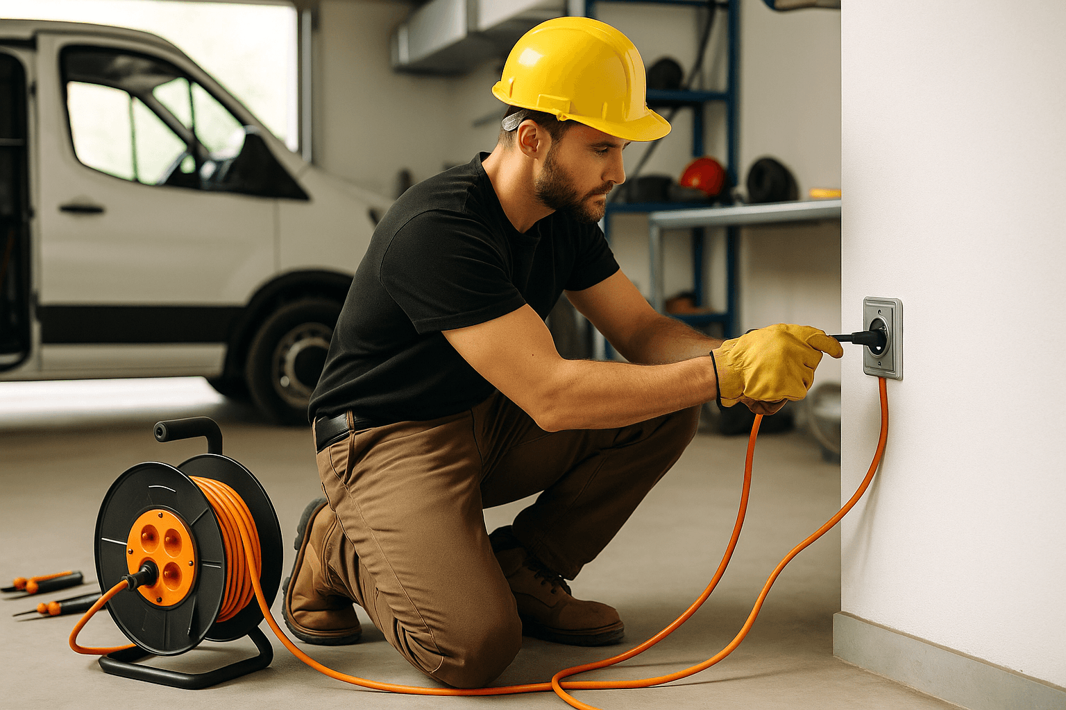 Electrician on a jobsite using a mounted extension cord reel for safe, organized power access