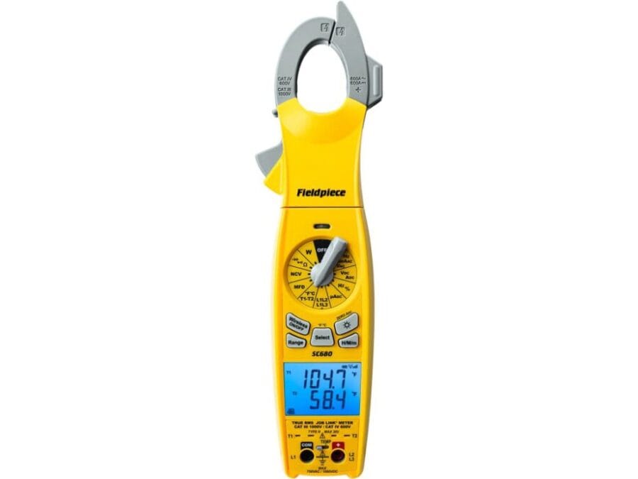 Fieldpiece SC680 clamp meter with dual temperature display and rotary dial, shown against a neutral background – designed for HVAC diagnostics and electrical field work.