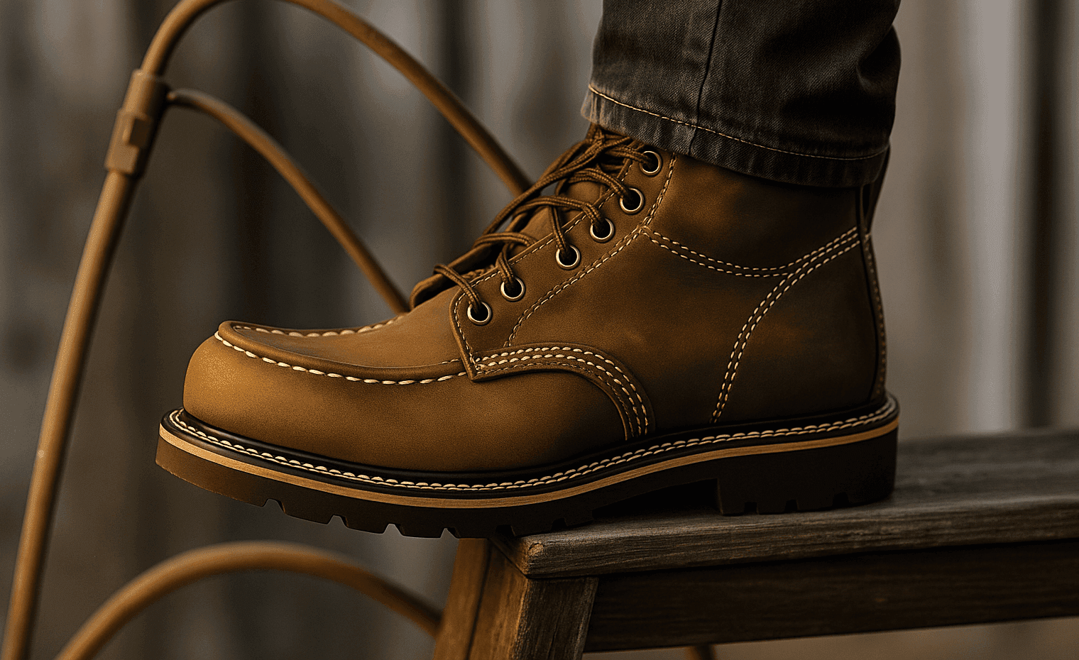 Close-up of rugged leather work boots worn by a field technician, ideal for HVAC and electrical work environments in 2025.